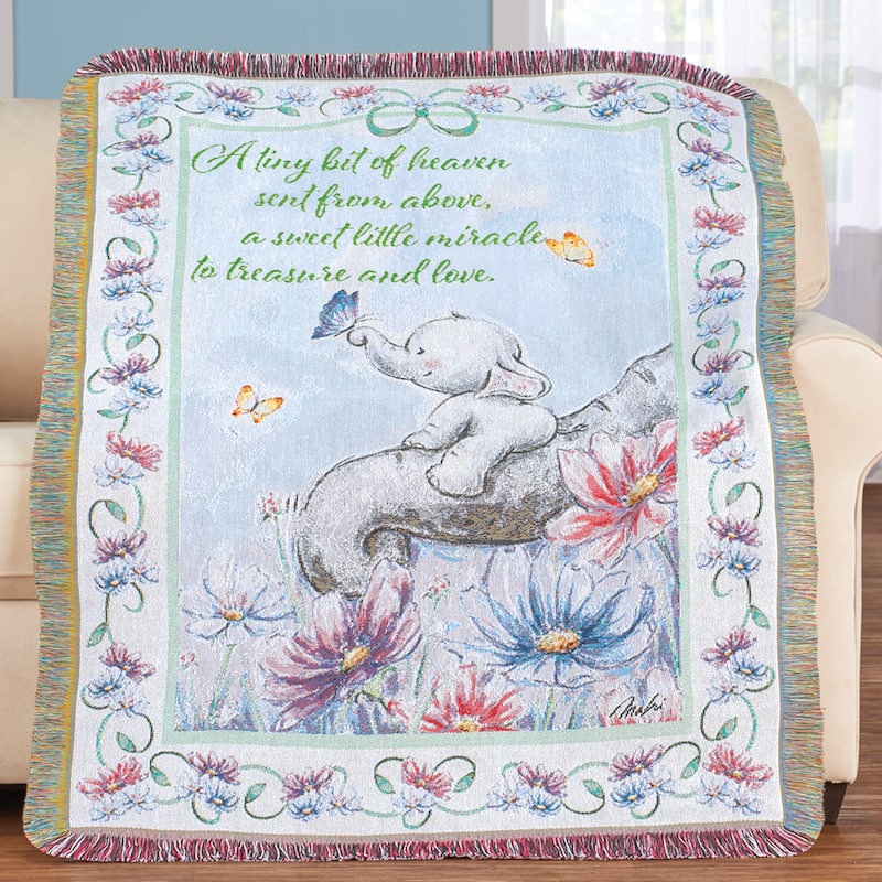 Elephant Baby Tapestry Fringe Border Throw Blanket - THROW - Pink