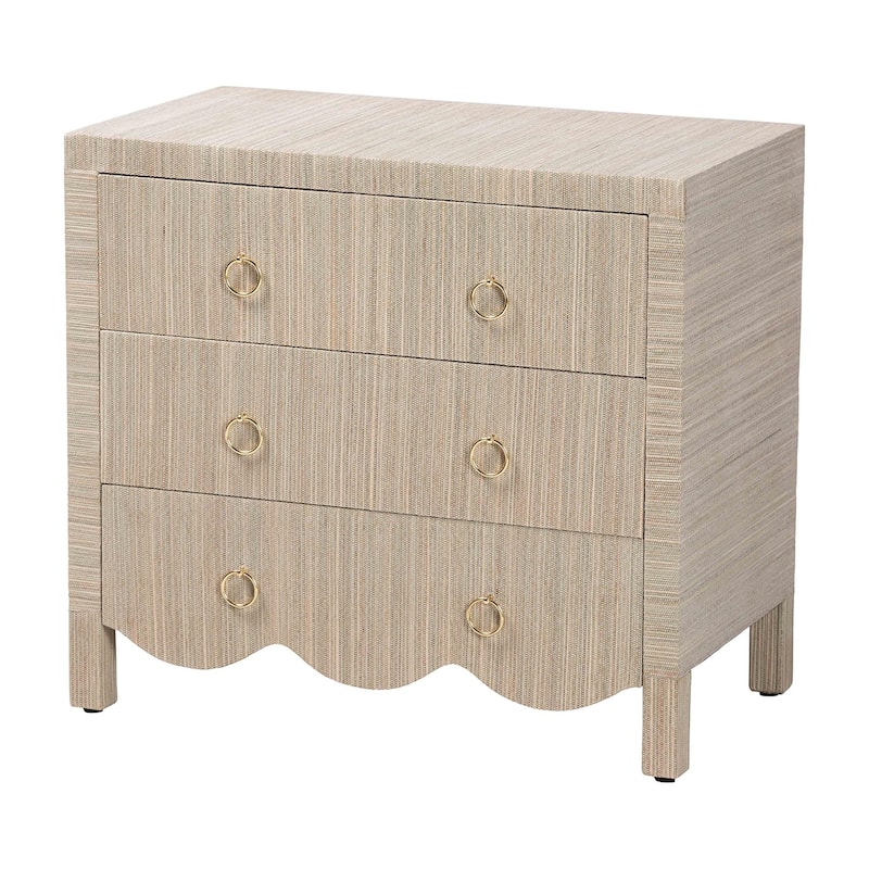 Umika Grasscloth Nightstand with Scalloped Base - 3-Drawer Accent Chest with Gold Ring Pulls, Bedroom Storage Table - Beige/Gold