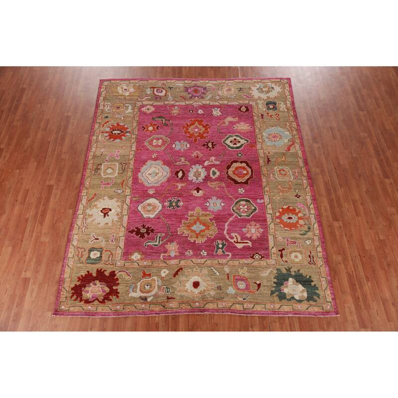 Hand Knotted Oriental 100% Wool Carpet Transitional All-Over Pink Oushak Area Rug - 9' 9'' X 8' 0''