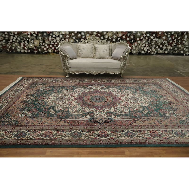 Hand Knotted Oriental 100% Wool Carpet Traditional Floral Green Aubusson Area Rug - 14' 5'' X 9' 8''