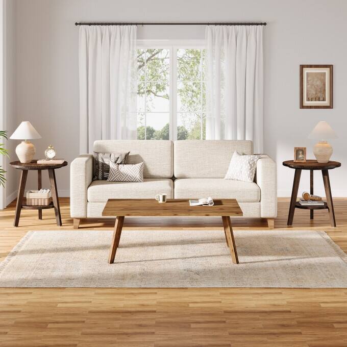 2-Tier Solid Wood Side Table, Circular End Table, Rustic Bedside Table