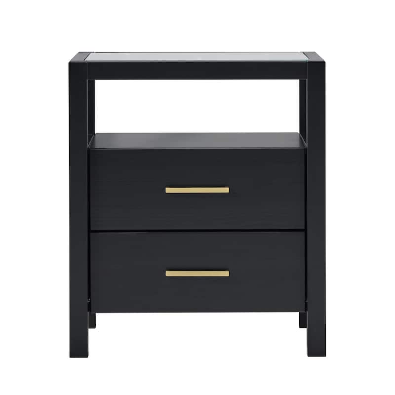 Walker Edison Solid Wood Nightstand with Tempered Glass Top