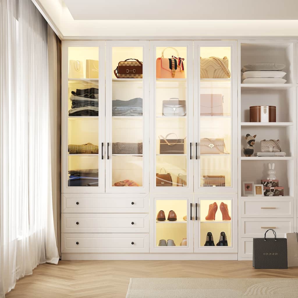 Buffet Display Closet Cabinet Tempered Glass Customizable Lighting Sideboard Bookshelf Pantry - 63"X78.7“