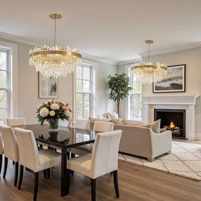 32 in. 4-Tier Modern Crystal Chandelier Brass Gold Round Crystal Raindrop Chandelier Contemporary Pendant Light for Dining Room