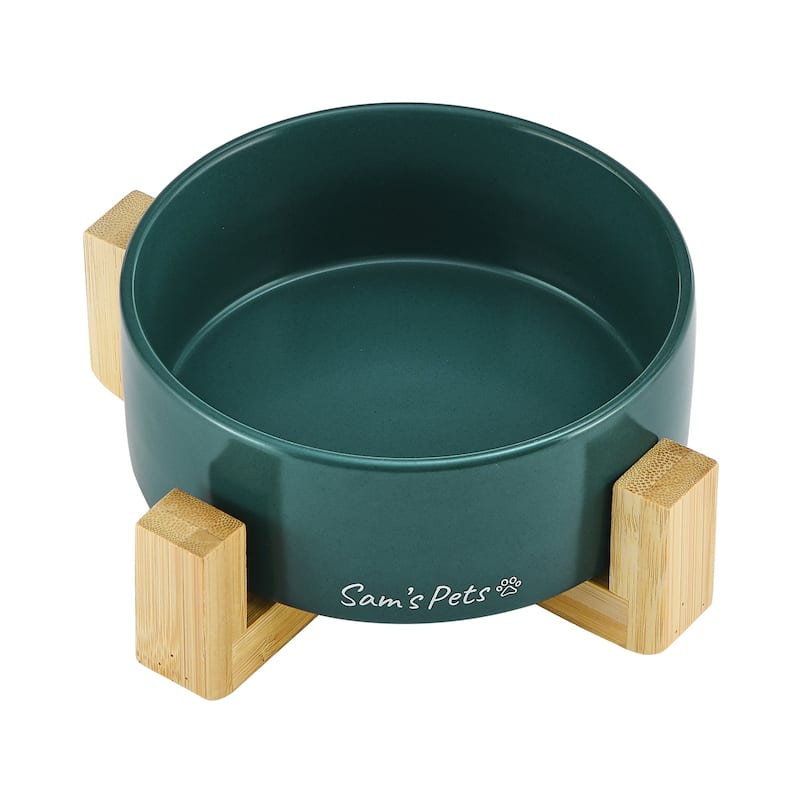 Coco Single Pet Bowl with Wood Stand 5.11'' in Green - 6.3
