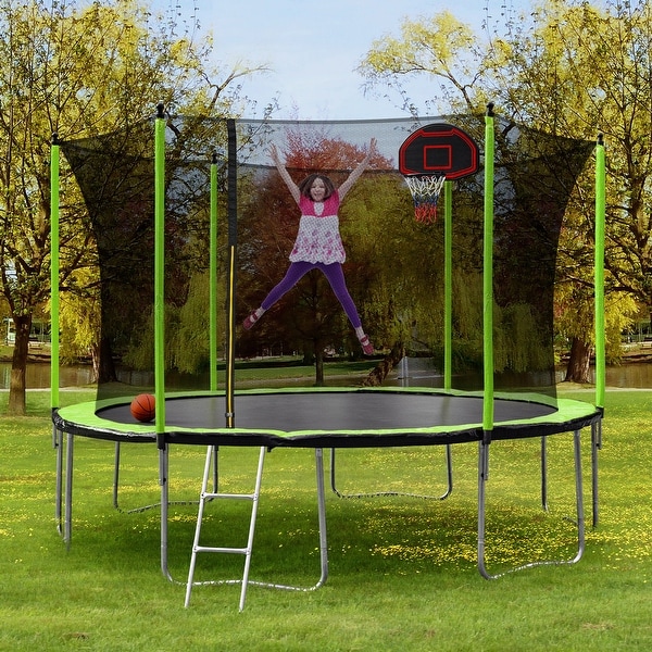 TiramisuBest 14FT Trampoline with Basketball Hoop Green Bed Bath