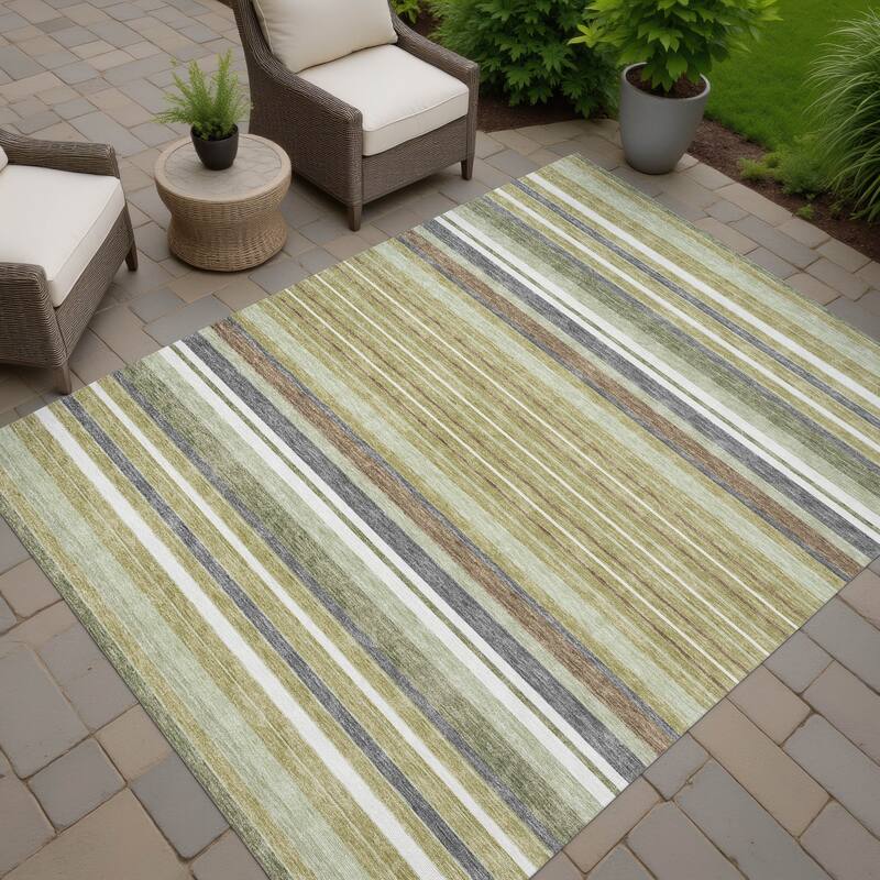 Machine Washable Indoor/ Outdoor Modern Stripes Chantille Rug - Aloe - 9' x 12'
