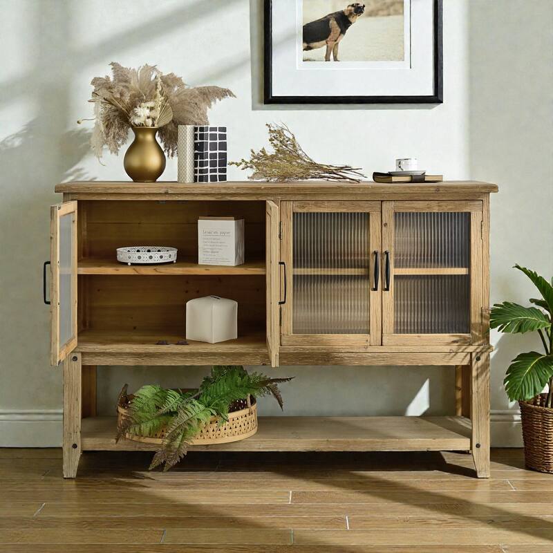 59.06 Inch Rustic Wooden Sideboard Cabinet with Glass Doors, Storage Shelf Accent Console for Kitchen and Dining Room