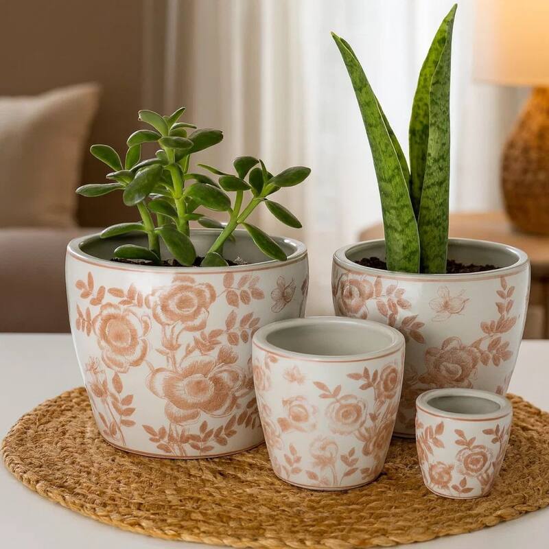 Kerry Accent Planter Pot Set of 4, Pink Floral Pattern, White Ceramic