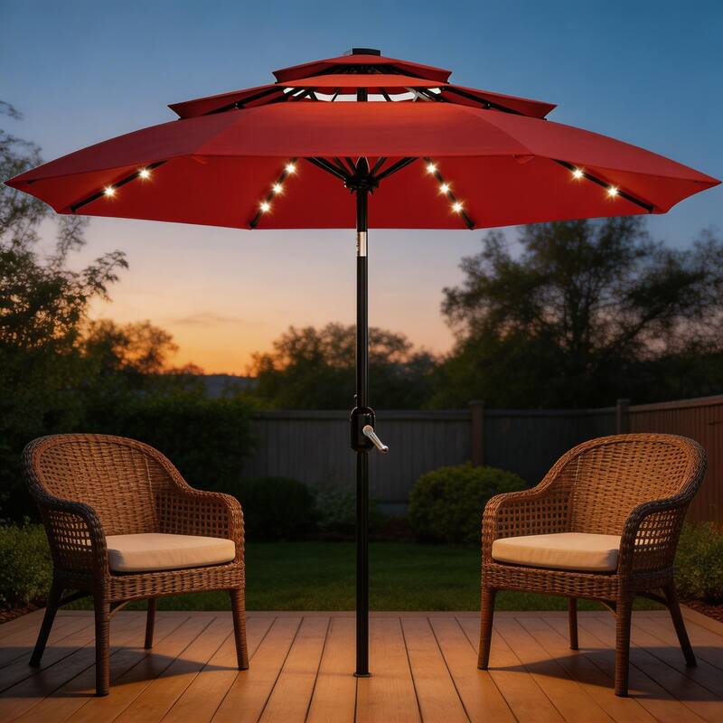 3-Tier Solar Patio Umbrella, with LED Lights and Vents - Red
