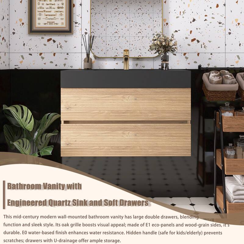 Wall Mounted Bathroom Vanity with Solid Surface Sink and Soft Drawers