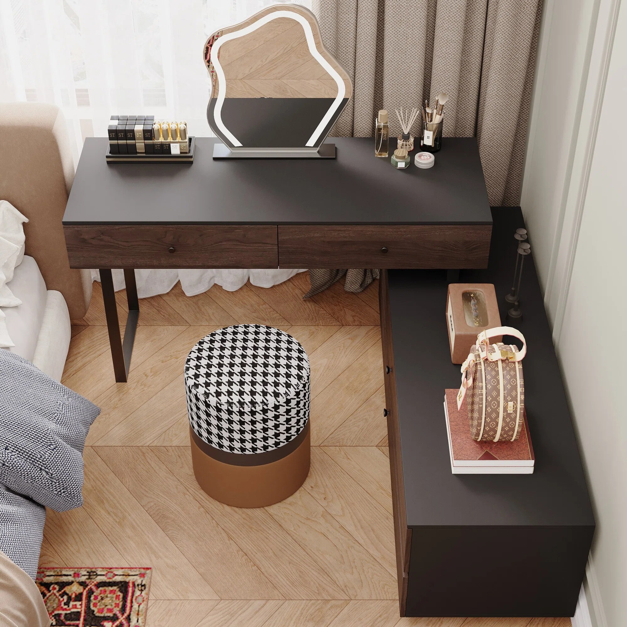 Extendable Makeup Vanity with 4 Drawers Swivelable L-shaped Corner Vanity Desk