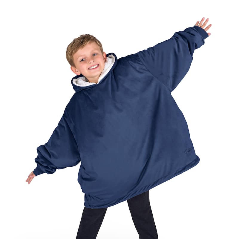 Bare Homey B-Cozy Oversized Sherpa Wearable Blanket - Youth - Dark Blue