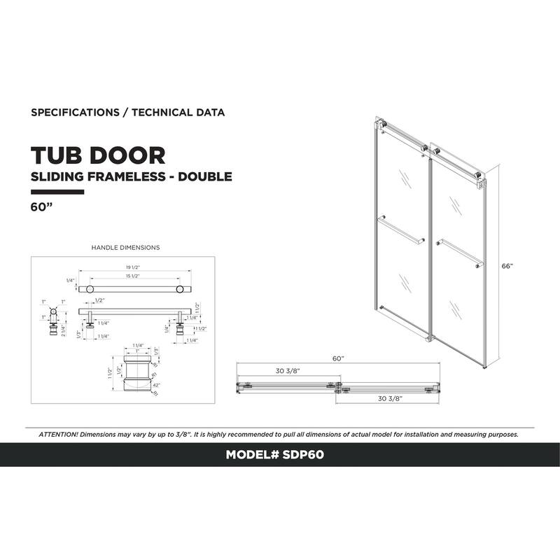 Fine Fixtures 60" Frameless Double Sliding Tub Door - 60" x 66"