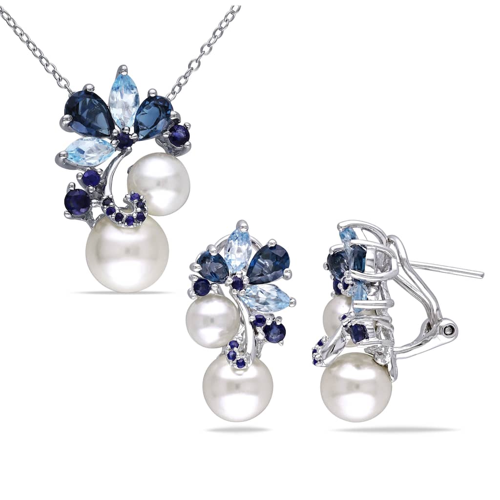 Miadora Sterling Silver Cultured Freshwater Pearl, Topaz and Sapphire Necklace and Earrings Set