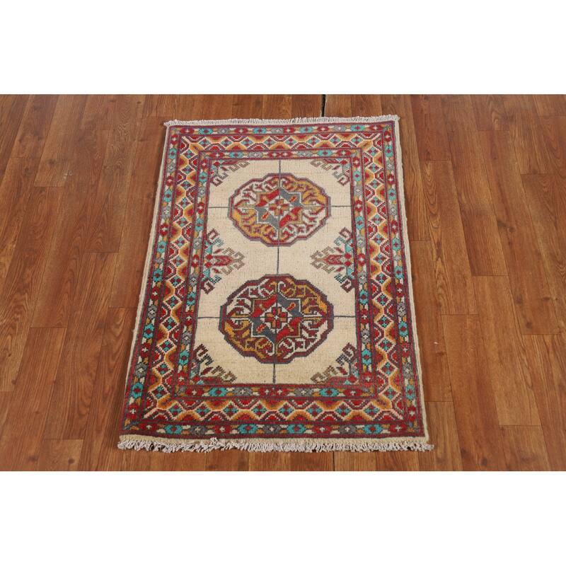 Geometric Kazak Foyer Rug Handmade Beige Traditional Wool Carpet - 2'0" x 3'0"
