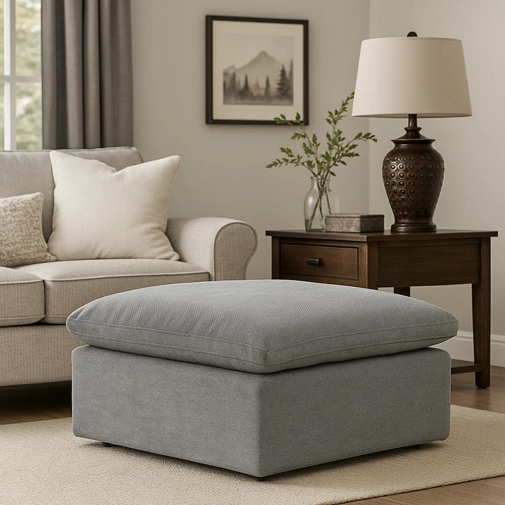 Shar 37 Inch Square Ottoman, Removable Pillow Top Cushion, Gray