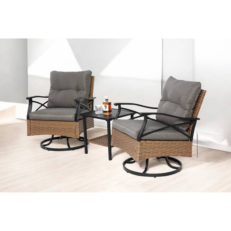 3-Piece Outdoor Swivel Rocker Set - Rocker Chairs with Cushions & Glass Table for Patio, Garden, or Balcony