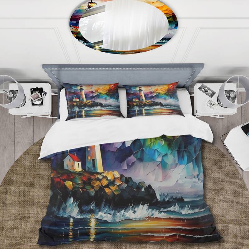 Designart "Lighthouse By The Ocean V" Purple Traditional - Bed Cover Set With Shams