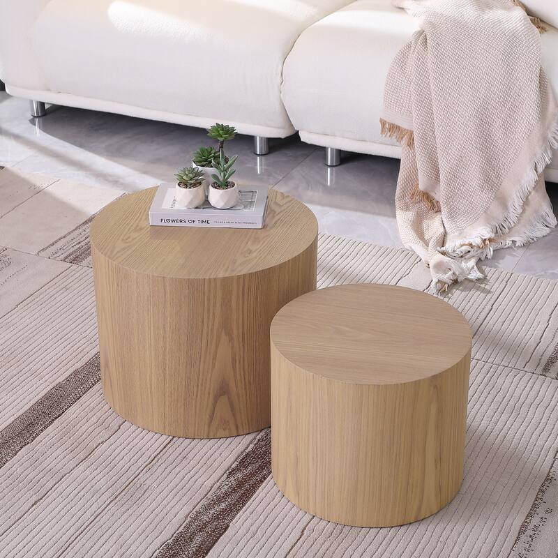 Nesting Coffee Table Set of 2 Minimalist Coffee Table with Wood Grain Veneer, Round Tea Table and End Table Set, for Living Room - Oak