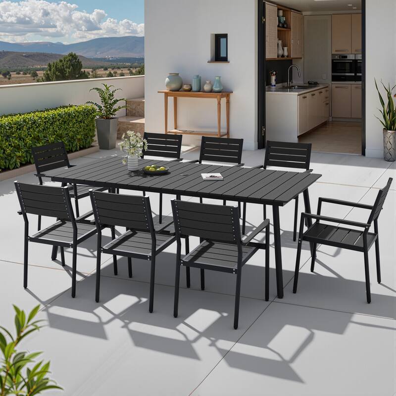 9-Piece Outdoor Patio Dining Set Wood-Like Table Top Alumium Umbrella Hole Table with Stackable Armrest Chairs - Black