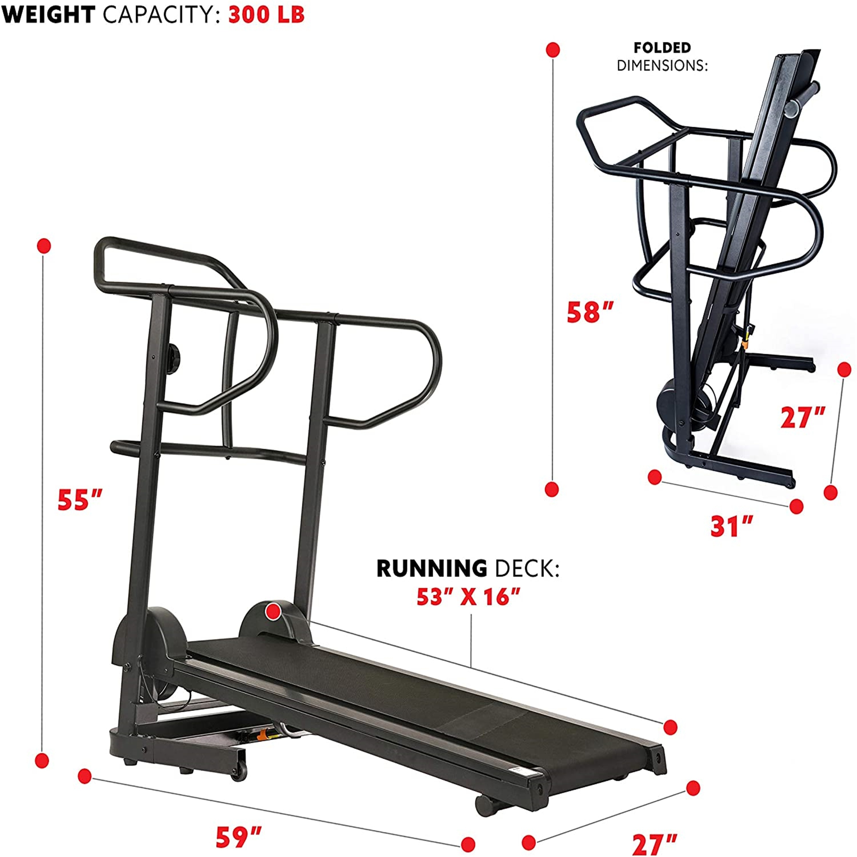 Manual Treadmill with 16 Levels of Magnetic Resistance 300 LB Max Weight
