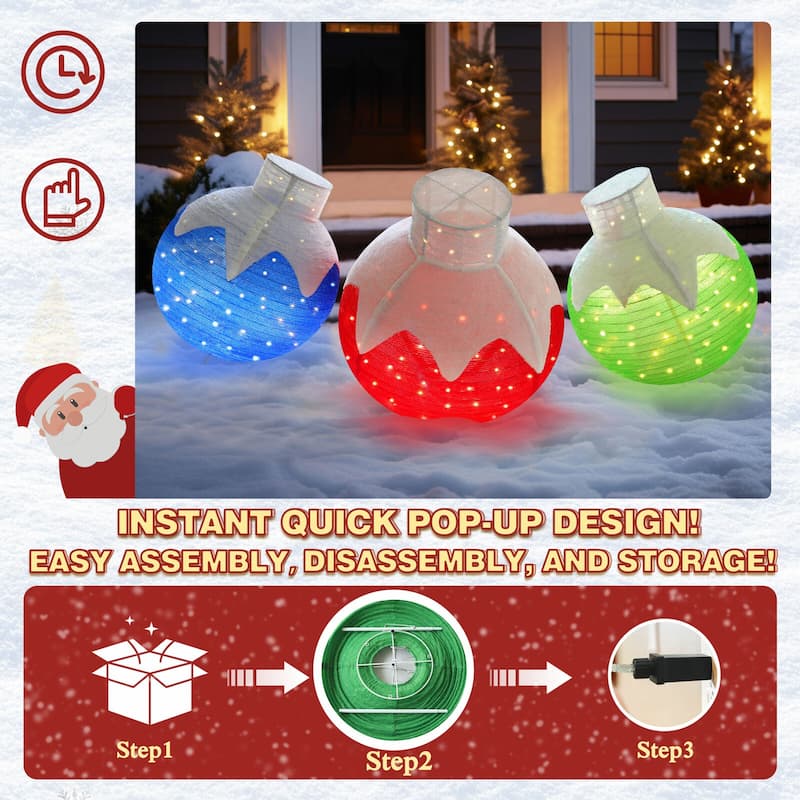 VEIKOUS 35 in. H Warm White LED Ball Pop Up Ornament Christmas Holiday Yard Decoration (3-Piece)