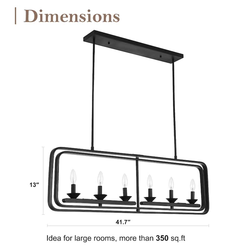 CurveCurio 42" Modern Matte Black Flush Mount Adjustable Dining Light, 6-Lights Fixture with Two Dwonrod for Dining Room