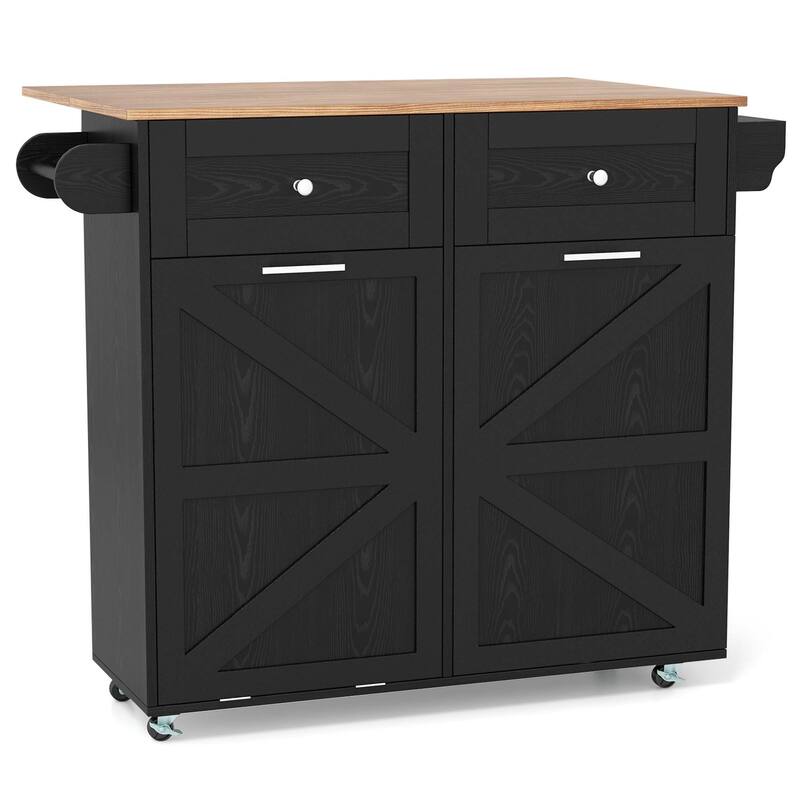 Rolling Kitchen Island with Drop Leaf & Tilt Out Trash Can Cabinet - Black