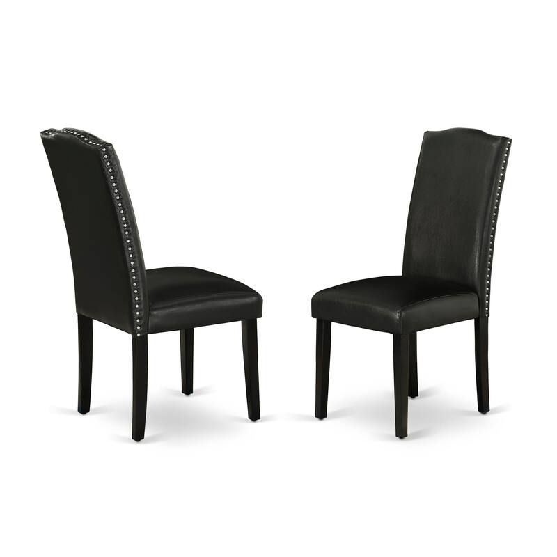 East West Furniture Encinal Parson Dining Room Chairs - Nailhead Trim Black Faux Leather Padded Chairs, Set of 2, Black