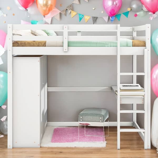 slide 2 of 18, Full Size Loft Bed With Built-in Wardrobe,Desk,Shelves,Drawers for Home White