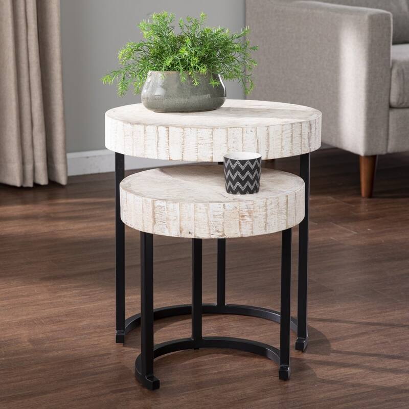 Set Of Two 21" White Solid Wood And Iron Round Nested Tables - 18.5x18.5x20.75