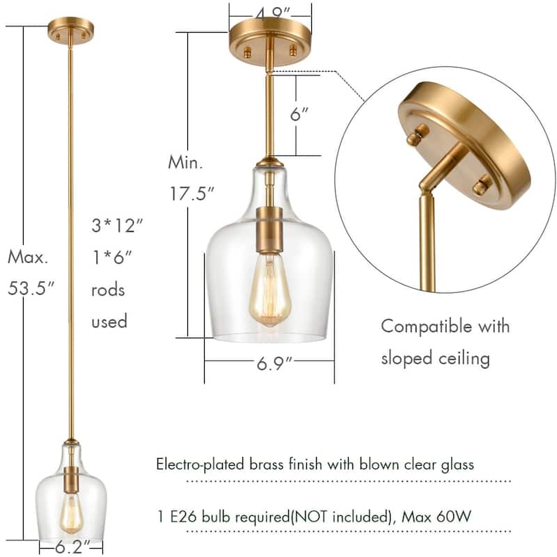 Rieti Modern Rod-Hung Pendant Light w/ Clear Glass Shade, 1-Light