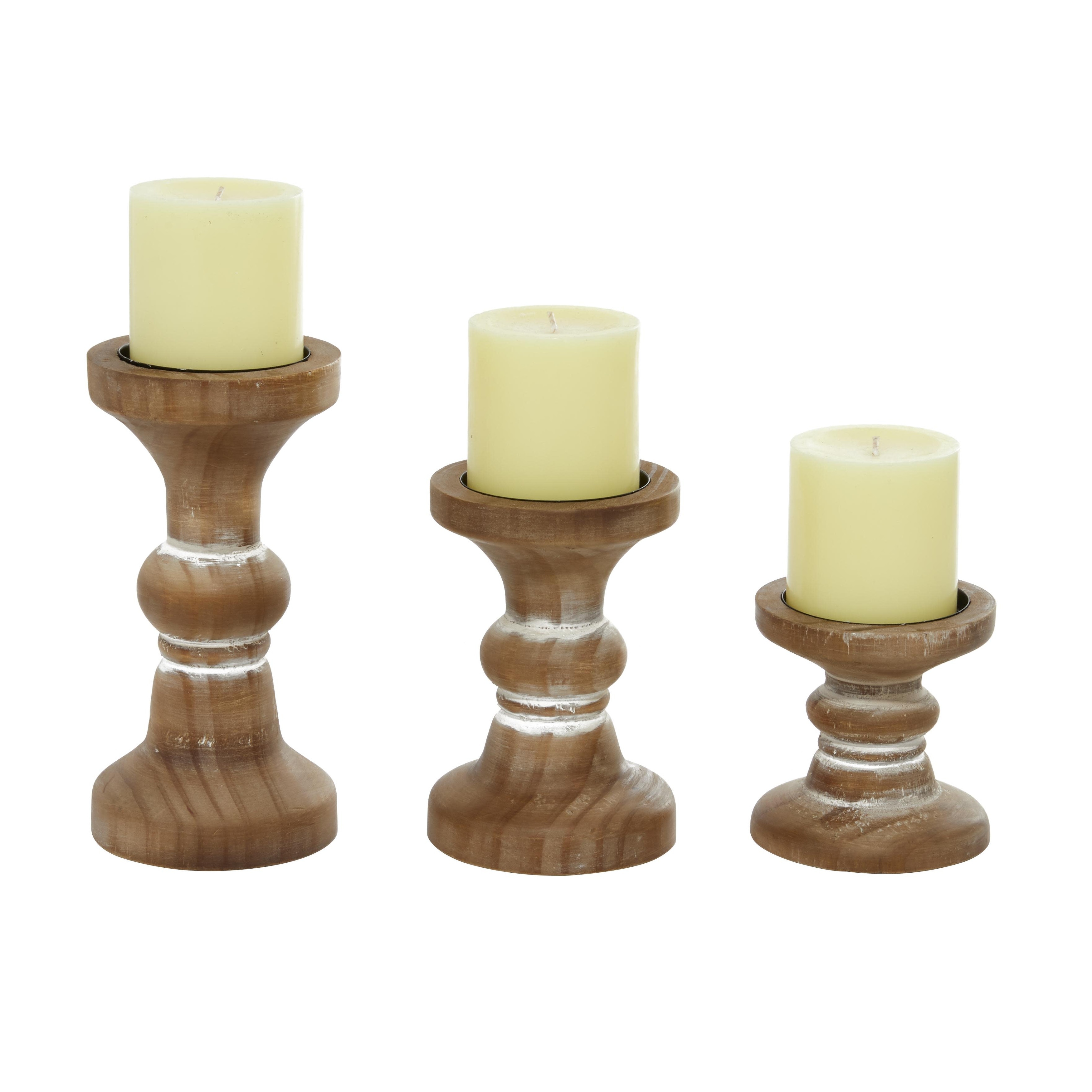 Roche River Decor - Wood Short Distressed Turned Candle Holder - Set of 3 White or Brown