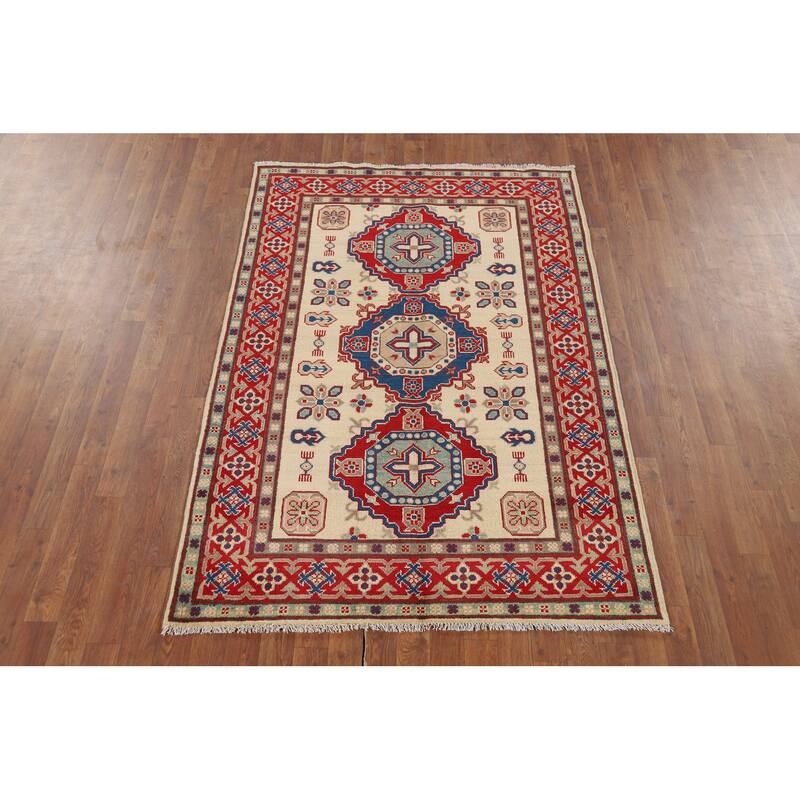 Ivory Geometric Kazak Foyer Rug Handmade Traditional Wool Carpet - 4'1" x 6'0"