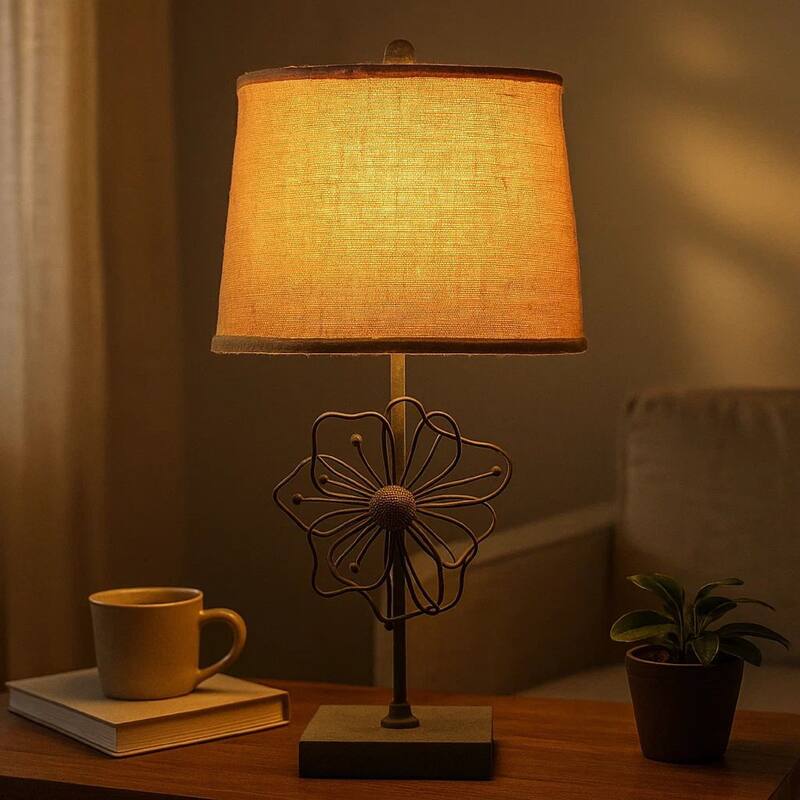 Metal Table Lamp Set of 2 with Flower Accent and Block Base,Beige and Gray