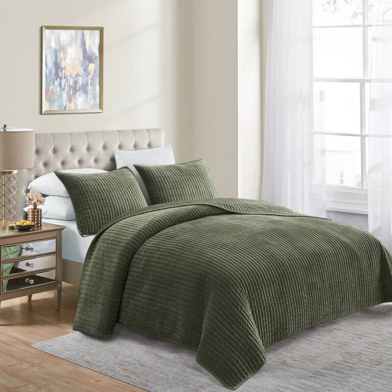 Wonderful Velvet 3 Piece Quilt Set - 21021 Dark Green - Queen