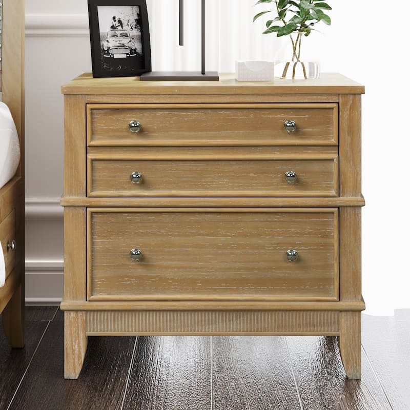 Natural Solid Wood 3-Drawer Side Table Nightstand