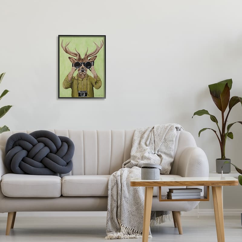 Stupell Funny Cute Deer Binoculars Camera Painting Green Background Framed Wall Art - Brown