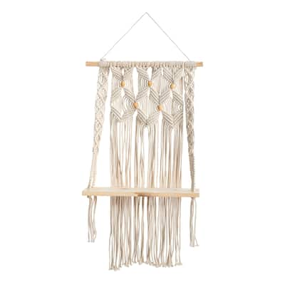 2.5' x 1.5' Handmade Boho Macrame Wall Hanging with Wooden Shelf - 30