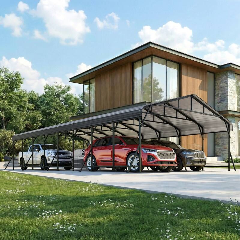 Erommy Outdoor Carport with Galvanized Steel Roof, Heavy-Duty All-Weather Shelter for Cars, Boats and Equipment