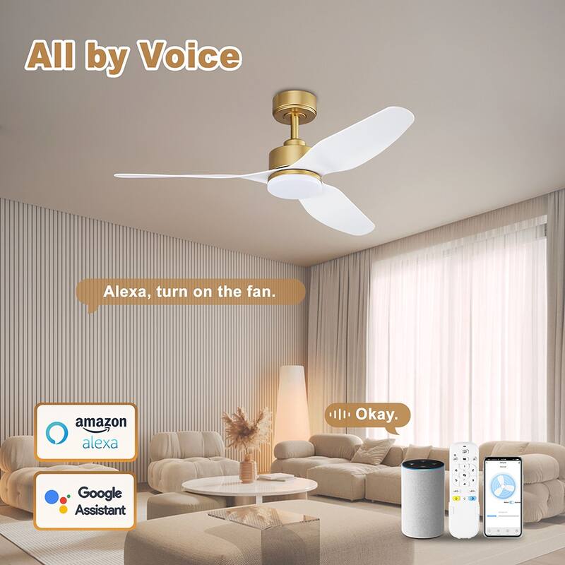 48 in. Smart Outdoor Indoor Gold White Ceiling Fans with LED Lights and Remote, WiFi Alexa App Workable, Quiet DC Motor