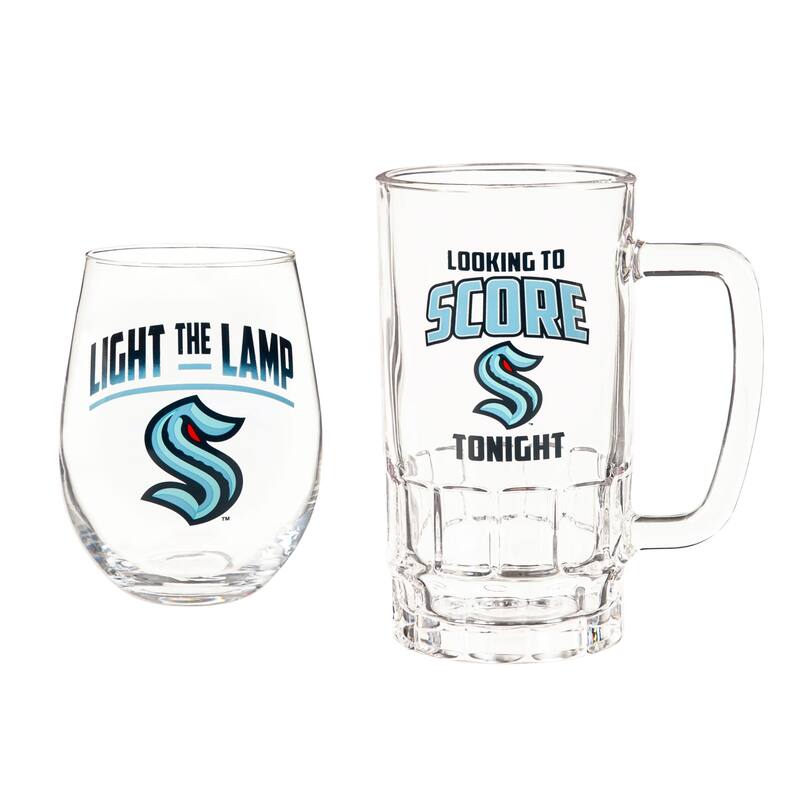 Stemless 17 oz Stemless Wine Glass and 16 oz Beer Mug Gift Set, Seattle Kraken