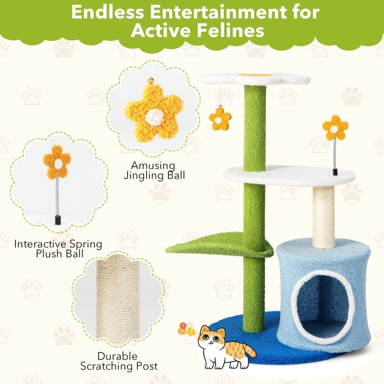 34.5 Inch 4-Tier Cute Cat Tree with Jingling Balls and Condo-Blue