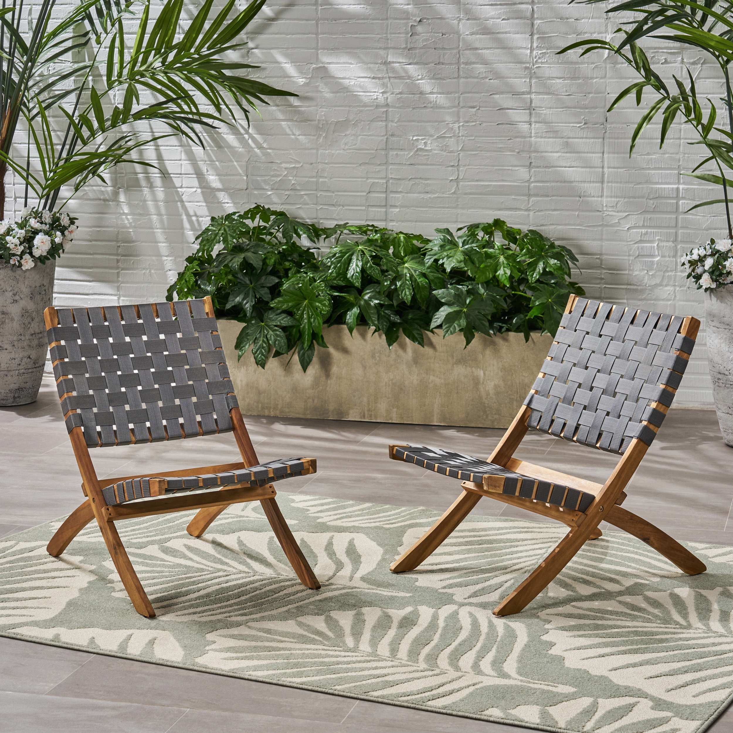 Roomfitters Armless Woven Strap Lounge Chairs, Set of 2 for Patio or Balcony, Grey and Natural Wood