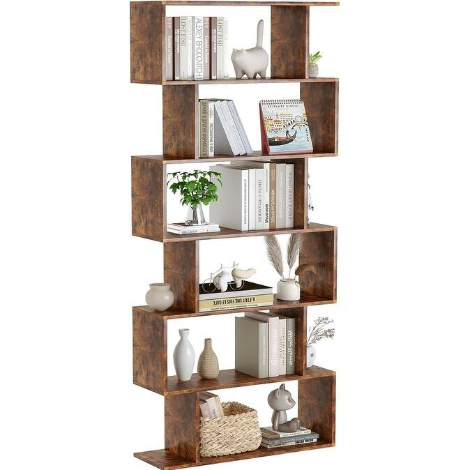 S-Shaped Bookshelf, Black Geometric Bookcase for Home & Office - Rustic Brown/6 Tier