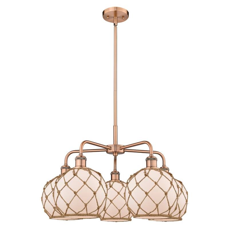 Innovations Lighting Endless Possibilities Ballston - Farmhouse Rope - 5 Light 27" Stem Hung Chandelier - White Glass with Brown Rope/Antique Copper