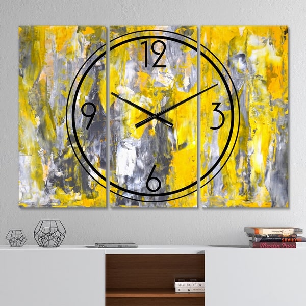slide 2 of 6, Designart 'Grey and Yellow Abstract Pattern' Modern 3 Panels Oversized Wall CLock - 36 in. wide x 28 in. high - 3 panels