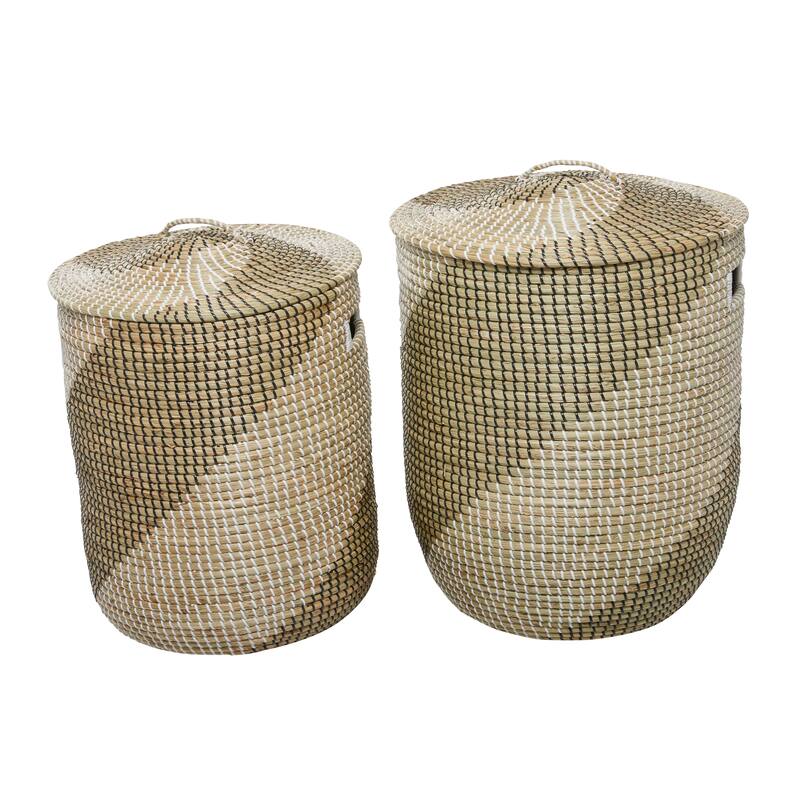 Brown Seagrass Handmade Two Toned Decorative and Functional Storage Basket with Matching Lids (Set of 2)