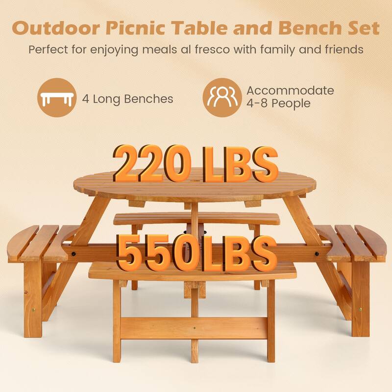 8 Person Wooden Picnic Table Round Outdoor Dining Set with Benches - 71" x 71" x 28"